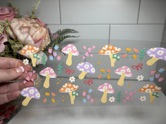 Mushroom and Bows 16 ounce uv DTF cup wrap